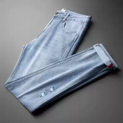 Can't refuse light jeans men summer thin Joker stretch cotton men slim hole denim trousers