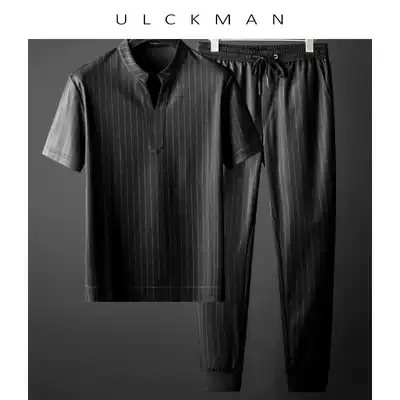 ULCK summer casual thin vertical stripe middle-aged dad men's V-neck Chinese style two-piece suit slim and thin