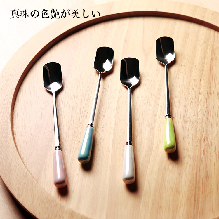 Blue Lotus Home Long Pearl Spoon Coffee Spoon Mixing Spoon Ceramic Stainless Steel Long Ice Spoon Multicolor 15CM