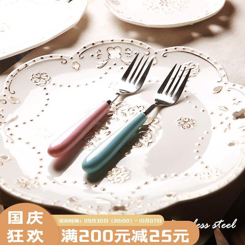 Blue Lotus Home Creative Blue Powder Ceramic Handle Stainless Steel Main Dinner Fork Dessert Fork Cake Fork Cute Western Fork