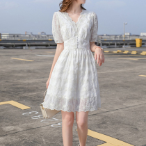 White snow spinning embroidered dress woman 2021 summer new temperament short high waist and thin small skirt skirt