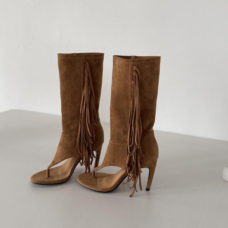 Song Xixi 2026 Summer Retro Tassel Mid-Calf Boots for Women, Brown Suede Thong-Toe Stiletto High Heel Round-Toe Sandals