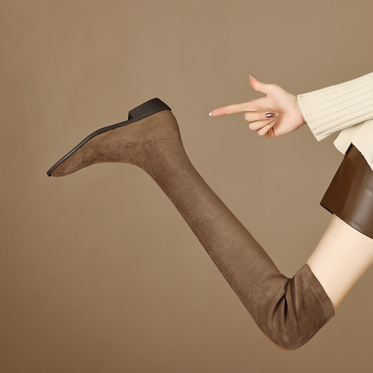 French-Style Over-The-Knee Boots for Women, Elastic Suede Long Boots, Low-Heeled Slim Boots, Autumn and Winter Pointed-Toe Flat Boots, Non-Slip, Slimming Long Boots