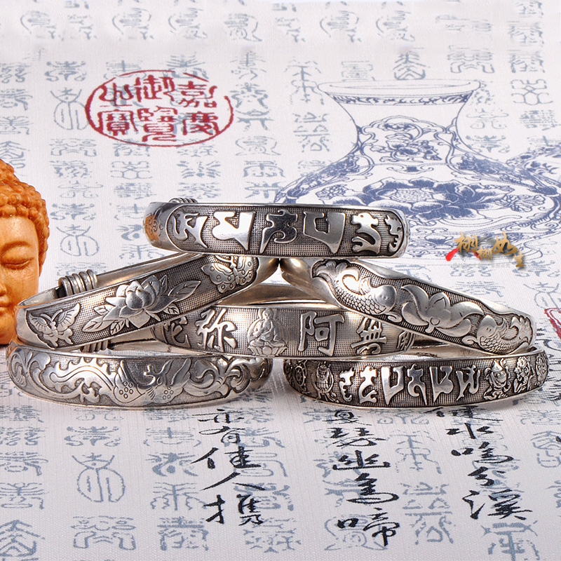 Tibetan Silver Vintage Bracelet Wrapped with Red String, Tibetan Script with Blessing and Longevity Symbols, Handmade Ethnic Style Push-Pull Silver Bracelet for Men and Women