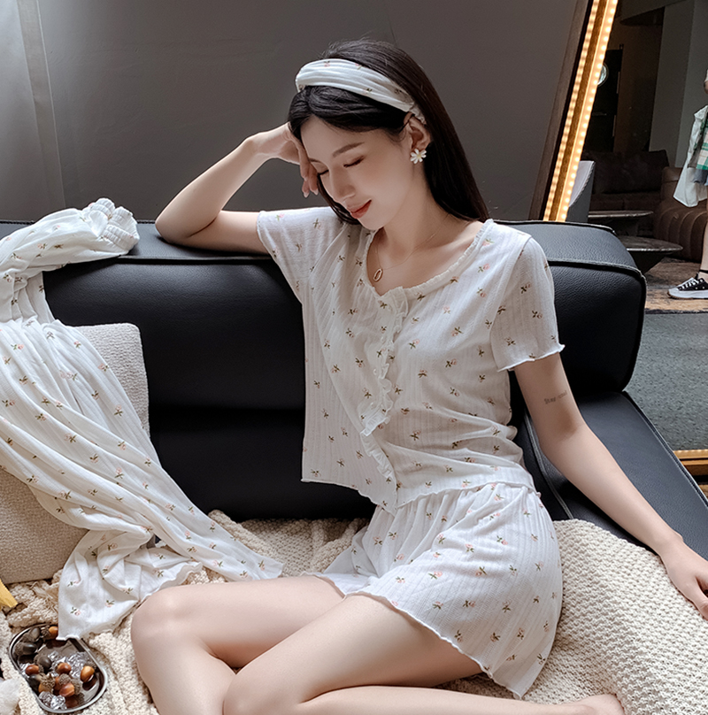 2022 new pajamas women's summer cotton thin short sleeves net red floral summer pure desire homewear set