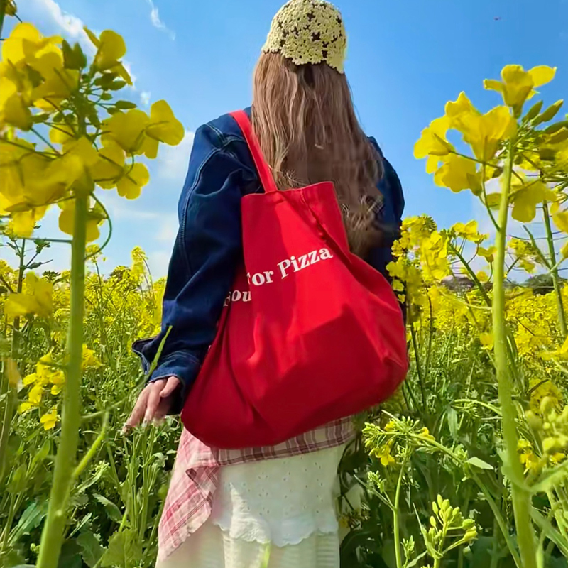 Korean ins Niche Design Large-Capacity Red Letter Canvas Bag Shoulder Bag Simple Versatile Shopping Bag for Women