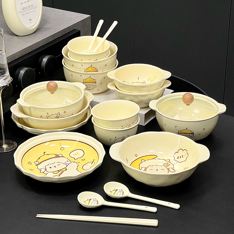 High-Quality Bowl and Plate Set for Home Use, Cute Cartoon Style, Housewarming Ceramic Set for Four People, Two People, Couples, Microwave-Safe Tableware Set High-Quality Bowl and Plate Set for Home Use, Cute Cartoon Style, Housewarming Ceramic Set for Four People, Two People, Couples, Microwave-Safe Tableware Set