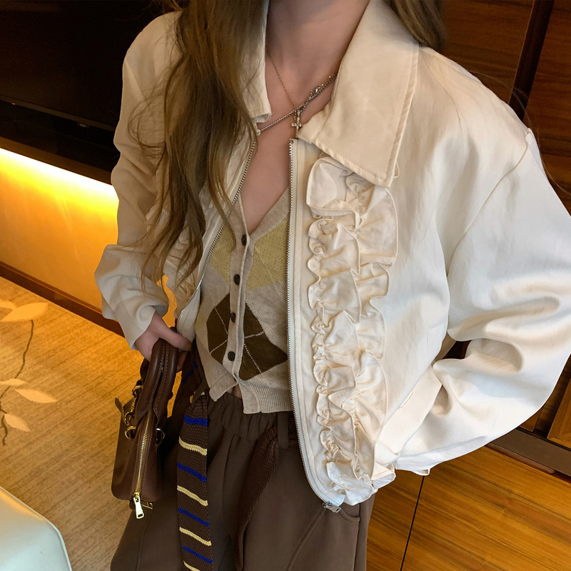 Anneshop [Ruo Ting Xiu] Korean-Style Ruffled Lapel Jacket for Women, Unique Design, Niche Zipper Cardigan Jacket