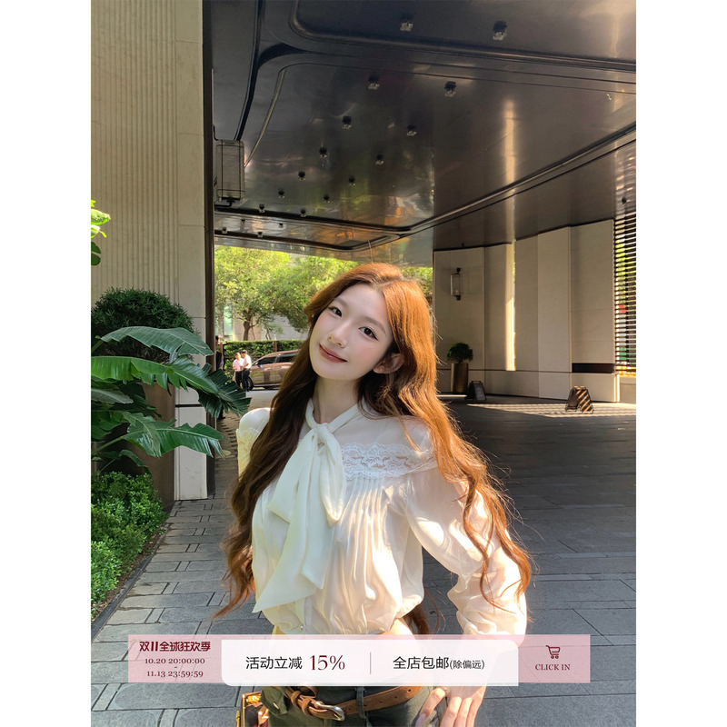 Anneshop "Light Veil Fragrance" French Bow Tie Chiffon Blouse Women's Lace Short Long Sleeve Top
