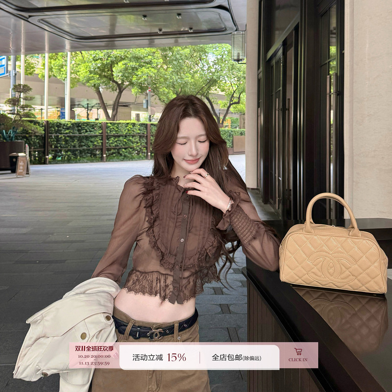 Anneshop "Kyoto Princess" French-Style Long-Sleeved Lace Chiffon Blouse for Women, Autumn Ruffled Slimming Top