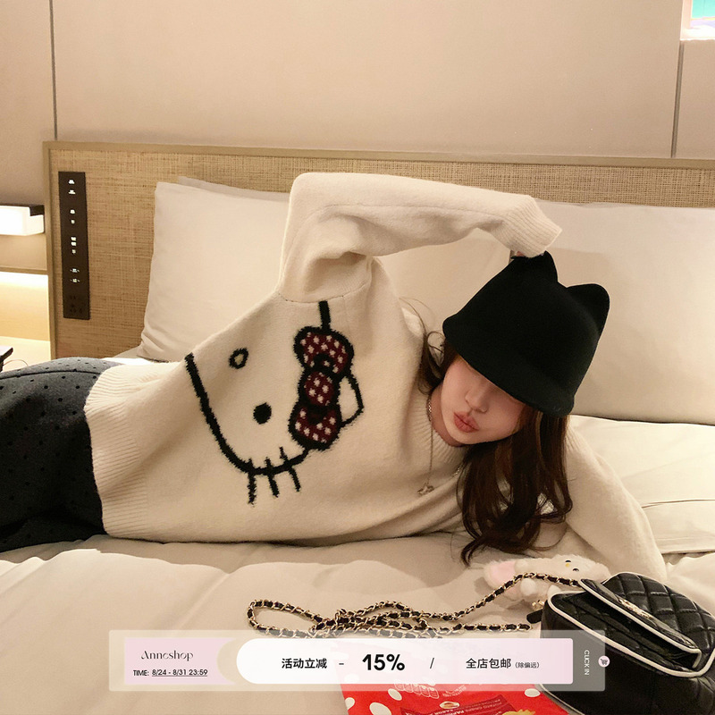 Anneshop【Group Favorite Kitty】Kitty Cat Soft Wool Pullover Sweater for Women Winter Loose Knit Top Anneshop【Group Favorite Kitty】Kitty Cat Soft Wool Pullover Sweater for Women Winter Loose Knit Top
