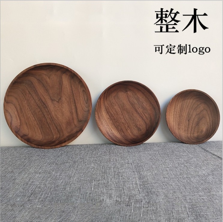 Wood Black Walnuts Beech Wood Solid Wood Dinner Plate Round Wood Fruit Pan Round Nursery Day Style Dried Fruit Tray Dish