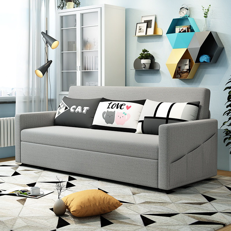 Multi-function sofa bed modern minimalist small apartment living room lazy sitting and lying solid wood single double bed net red style economy