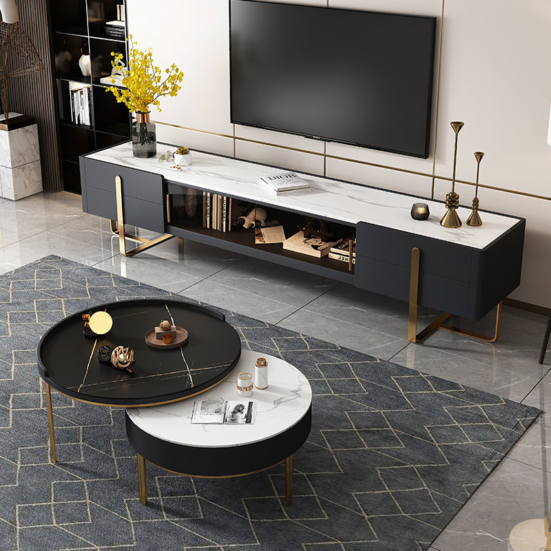Modern minimalist Nordic rock plate TV cabinet tea table combined small family light lavish style non-marble TV cabinet