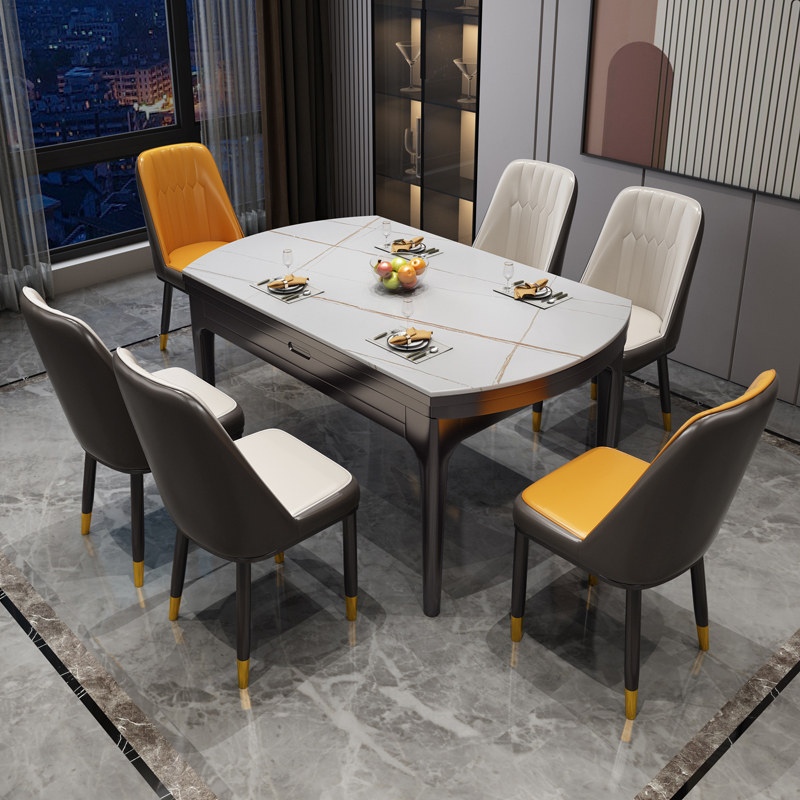 Solid wood rock board dining table and chair combination modern simple light luxury telescopic folding small apartment household rectangular round dining table