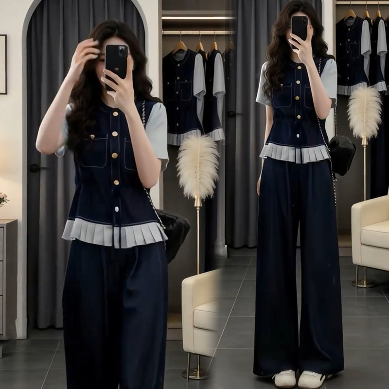 Fashion Set for Women 2026 Summer New Korean Style Patchwork Faux Two-Piece Pleated Waist-Cinching Short-Sleeve Wide-Leg Pants Two-Piece Set