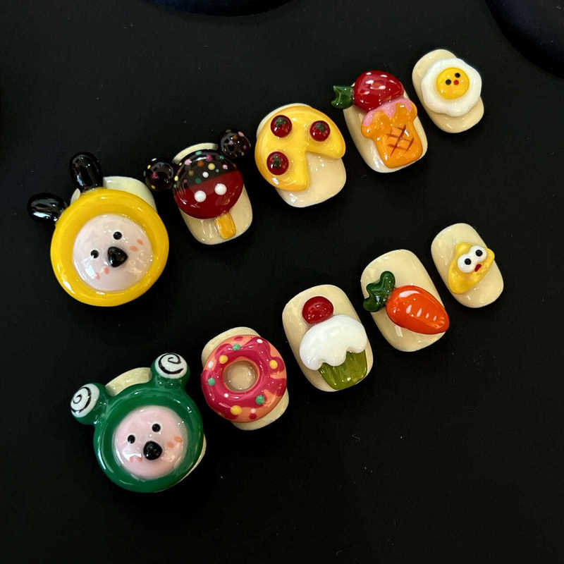 Renminbi | Original Wearable Nails 2024 New Style Hand-Painted 3D Cute Bee Frog Bear Nail Art