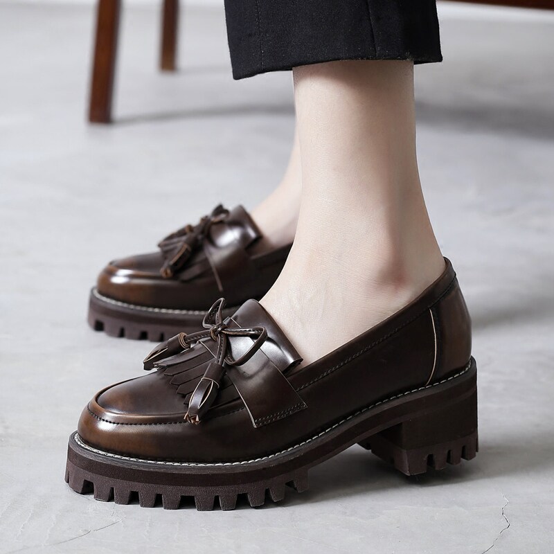 Leather British style retro small leather shoes all-match 2023 spring new mid-heel loafers thick-heeled college single shoes women