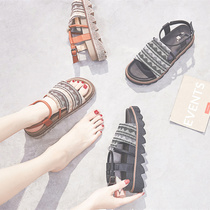 2021 summer new Korean version wild student thick-soled Roman shoes Hong Kong flavor chic Harajuku retro flat sandals women
