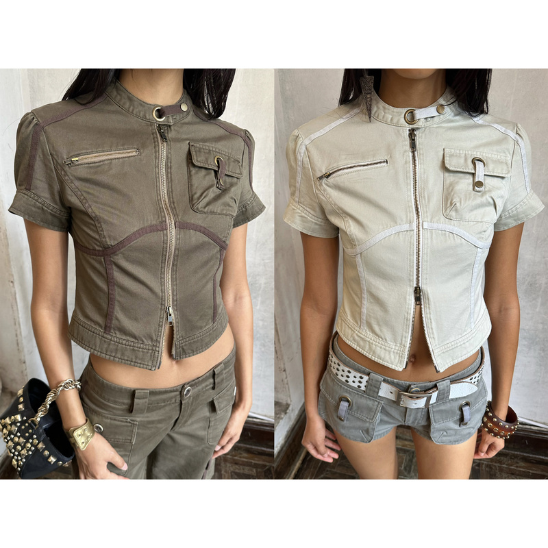Hol!Day 2-Color Heavy-Duty Washed Pure Cotton Multi-Pocket Metal Eyelet Buckle Biker Workwear Short-Sleeve Jacket