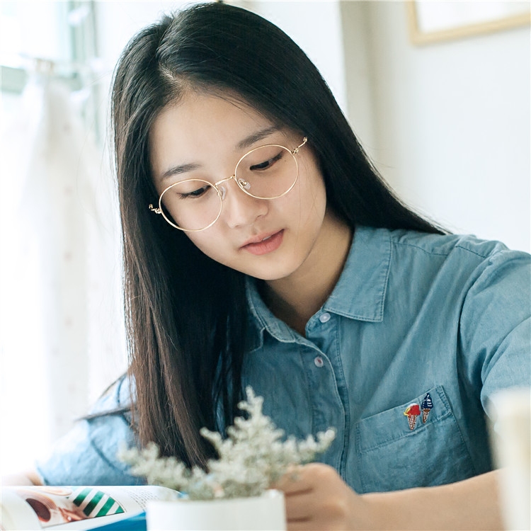 Retro Metal Glasses Frame Han Han Edition Round Face Frame Metal Wire Could be equipped with near-sight flat gold