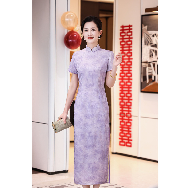Purple New Chinese-Style Cheongsam for Women, Suitable for Mother of the Bride, Wedding Banquet Attire, Elegant and Youthful Dress for Mother-In-Law
