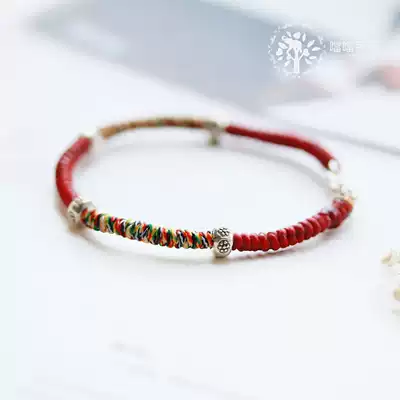 (Nare) the year of the gift woven red rope colorful rope hand female pure silver beads couple hand lucky red rope