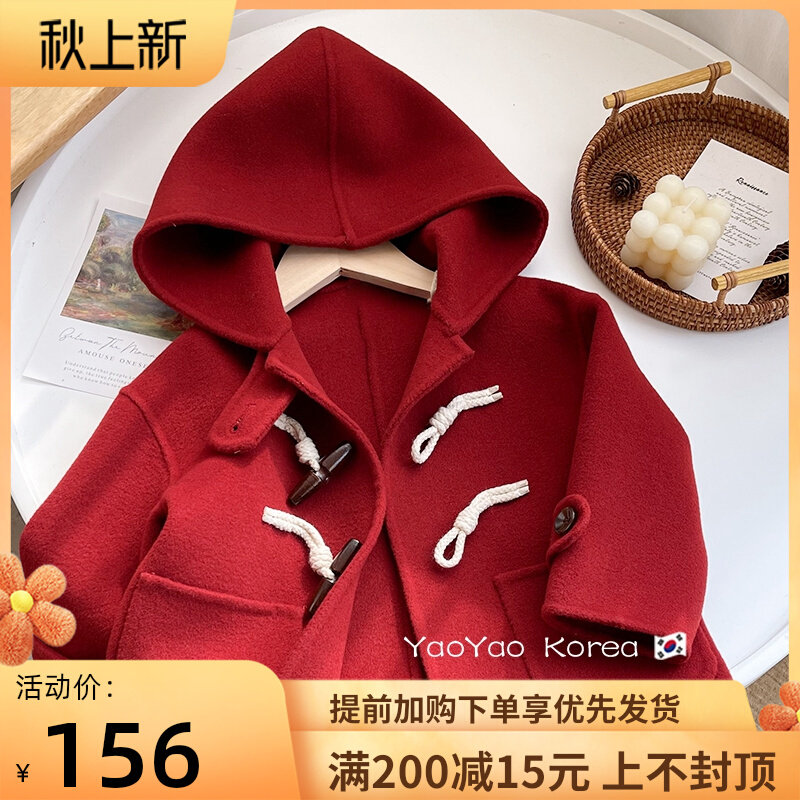 Korean version of winter girls' woolen coat 22 new Western style children's red mid-length version thickened warm woolen coat