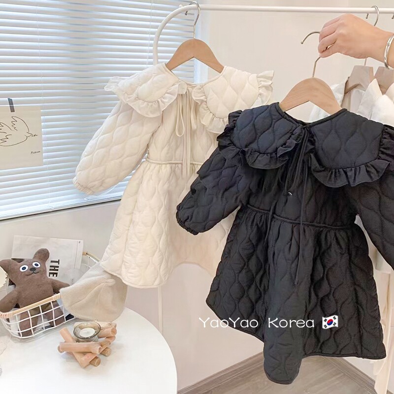 Girls quilted dress 2022 foreign style Korean style winter girl cotton dress children's lapel thickened warm skirt