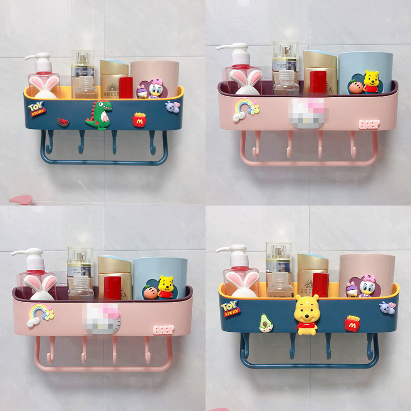 Creative and cute powder room shelf wall-mounted bathroom shelf punch-free cartoon suction wall-type bathroom storage shelf