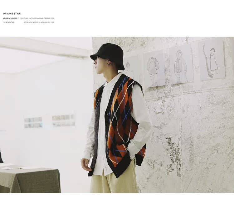 Nhật Bản retro nhấn màu kim cương lưới không tay đan vest nam lỏng V-cổ vest vest mùa thu và mùa đông áo len không tay