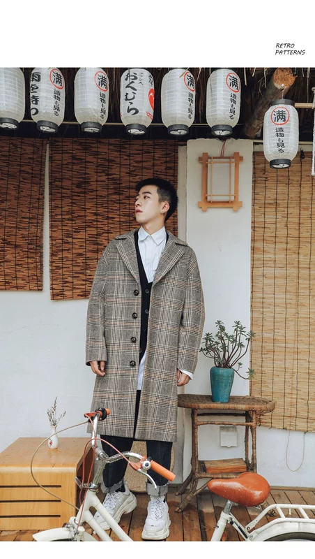 Áo khoác len kẻ sọc cổ điển mùa đông thứ chín mươi chín phần dài của xu hướng áo khoác vai Hàn Quốc cardigan nam