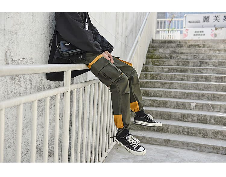 Nhật Bản khâu tương phản màu sắc overalls quần âu nam quần xu hướng quần mùa xuân và mùa thu quần lỏng chân quần thể thao
