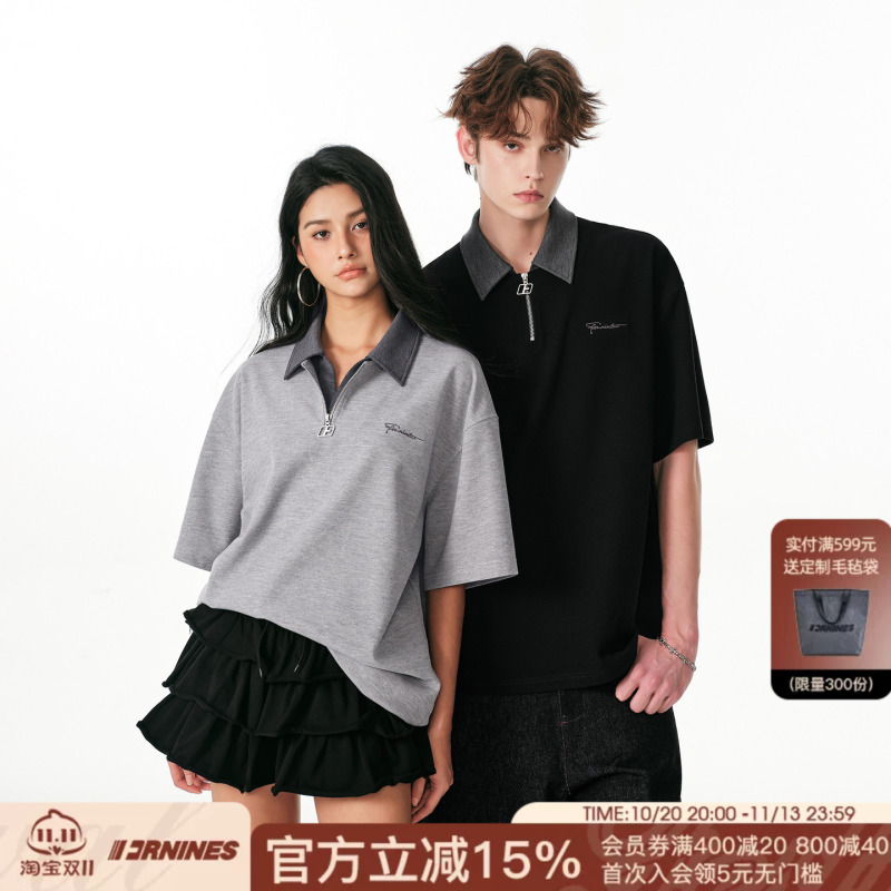 Fornines Fake Two-Piece Waffle Short-Sleeve Polo Shirt Men's Trendy Brand Summer Half-Zip Lapel T-Shirt Women's Half-Sleeve Fornines Fake Two-Piece Waffle Short-Sleeve Polo Shirt Men's Trendy Brand Summer Half-Zip Lapel T-Shirt Women's Half-Sleeve