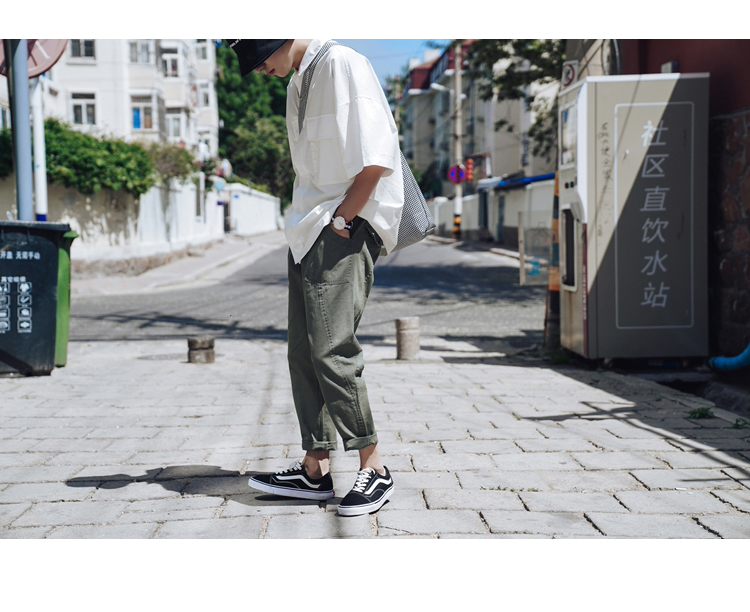 Bốn mươi chín ngày mùa thu rắn màu dây đeo quần yếm nam lỏng lẻo nhỏ thẳng giản dị quần xu hướng quần harem quần jean nam đẹp