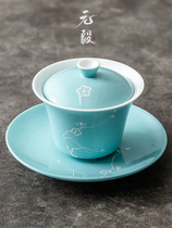 New Products High-end Ceramic Palace Court PRINCESS POWDER KUNG FU COVER BOWL TEA CUP LADY LIVING-ROOM PINE STONE GREEN TRIPLE FOAM TEA BOWL