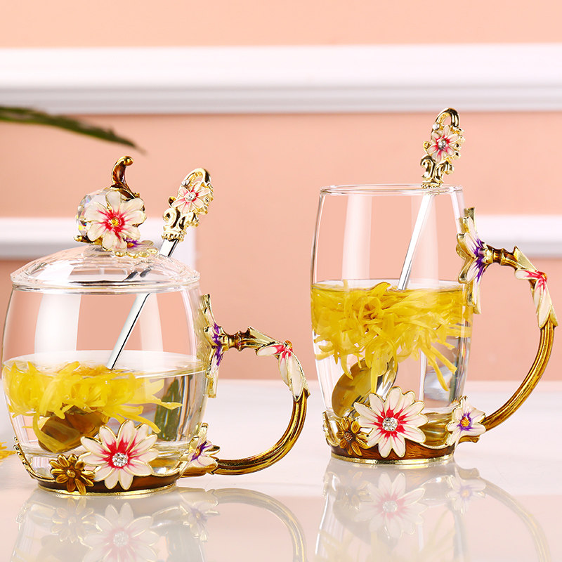 New products Creative enamel colour water glasses Home Heat resistant glass cups with cover Coffee mug Ladies juice cups Bubble tea