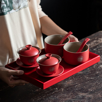 New product Changing Mouth to Tea Cup 4 Wedding Bowls Chopsticks Suit Wedding Trays Red Joy Cup Bowl A Couple of Weddings