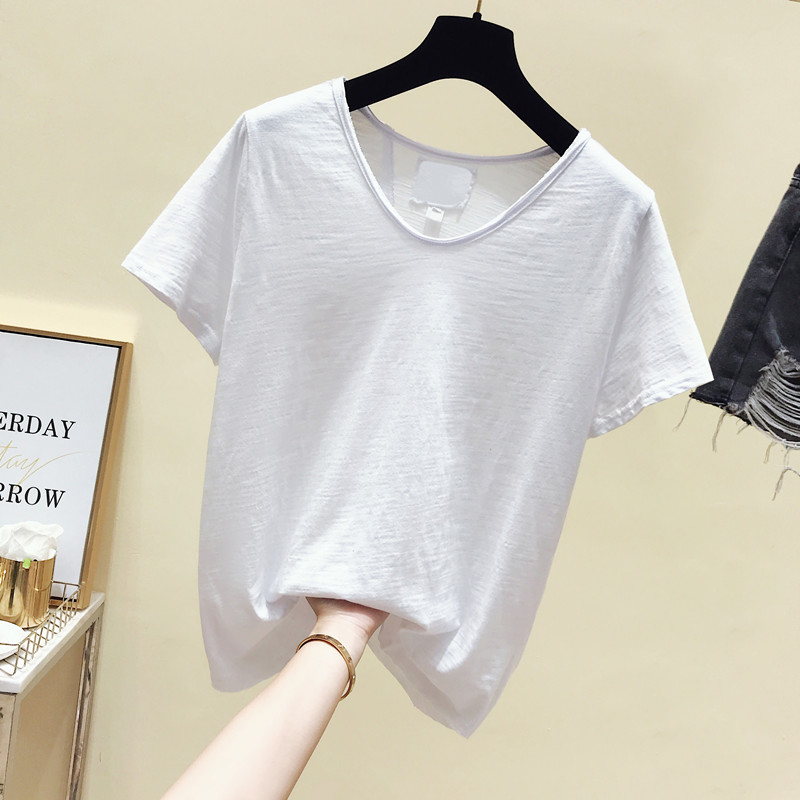 South Korea exploits white short sleeve T-shirt woman 2022 Summer new V collar Bamboo Festival cotton loose with undershirt blouses