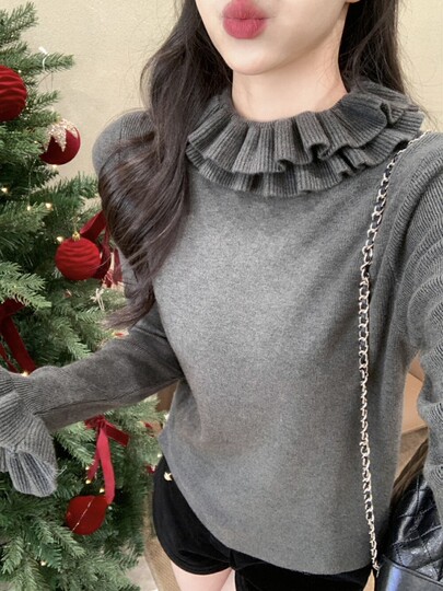 Princess-style sweet ruffled top for women in fall and winter soft and waxy chic layered sweater with base layer sweater