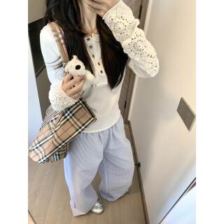 Hollow-Out Crochet Button Henry Collar Straight Shoulder T-Shirt for Women, New Autumn Style, Rolled Edge Long Sleeves, Lazy Loose-Fitting Base Shirt