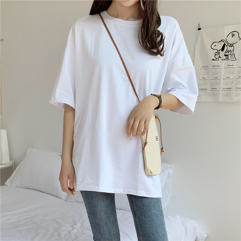 2022 New Summer Autumn Autumn Clothing Loose T-Shirt Woman Short Sleeve Pure Cotton Blouse White Inner Hitch Wave Medium Long Version