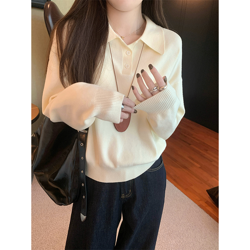 Korean-Style Polo Collar Relaxed Knit Sweater for Women, Suitable for Spring, Autumn, and Winter, Simple and Lazy Style, Loose-Fitting Base Layer Top