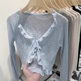 Thin Ice Silk Knitted Cardigan Long-Sleeved Women's Spring and Autumn Black Outerwear Short Air-Conditioning Shirt Summer Sun Protection Shawl Top