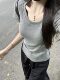 Korean-Style U-Neck Slim-Fit Short-Sleeve Top for Women, Summer Solid Color Slim-Fit Hot Girl Style Elegant Regular Shoulder T-Shirt Base Shirt