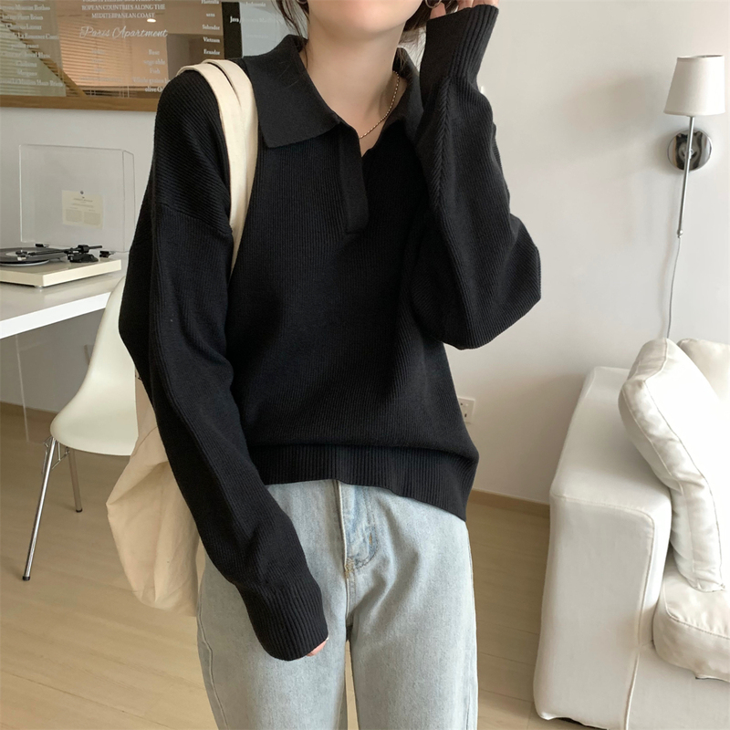 Autumn and Winter Workplace Commuting Outfit Women's Polo Collar Knitwear Women's Lazy Style Loose Pullover Top Black Sweater