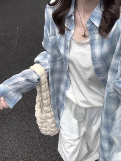 Autumn age-reducing blue plaid shirt for women Korean style lazy style shirt loose and versatile sun protection long-sleeved top jacket