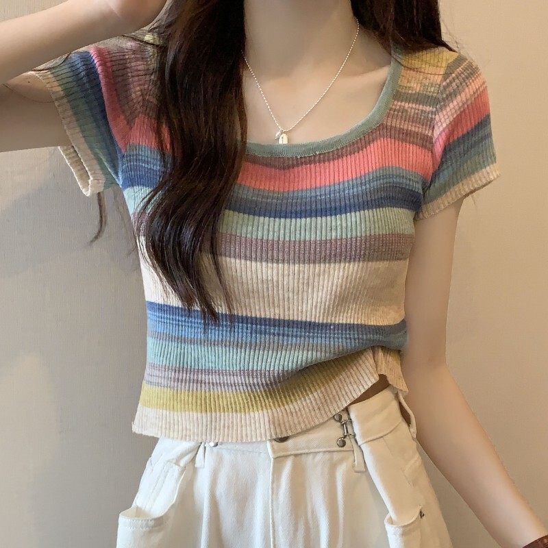 Color-Blocking Youthful Stylish Square-Neck Regular Shoulder T-Shirt with Rainbow Stripes, Sweet and Spicy Knit Top, Spring/Summer Stretchy ins Top Color-Blocking Youthful Stylish Square-Neck Regular Shoulder T-Shirt with Rainbow Stripes, Sweet and Spicy Knit Top, Spring/Summer Stretchy ins Top
