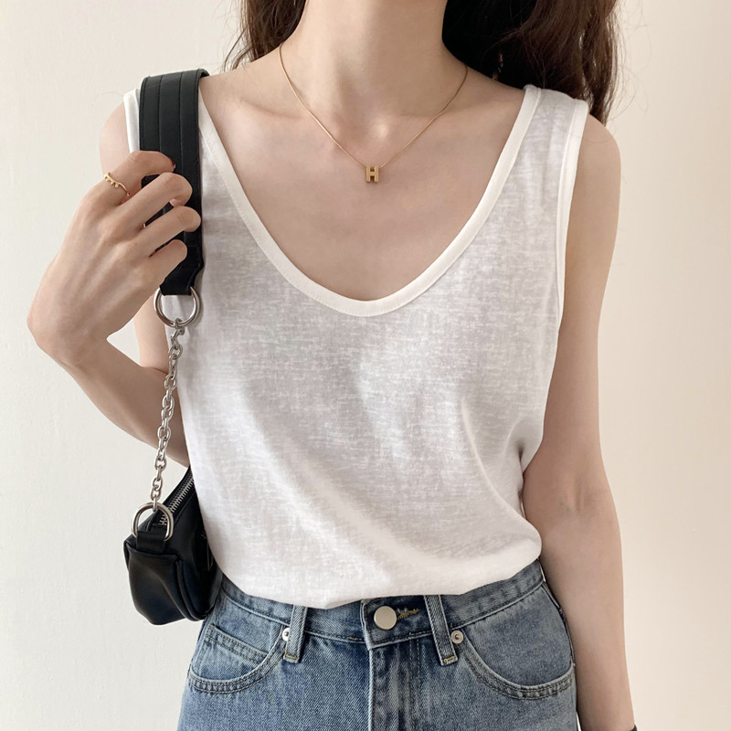 White Tank Top for Women, Summer Outerwear, Large Neckline, Thin Cotton and Linen Base Layer, Loose Sleeveless T-Shirt Top