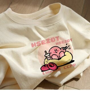 Milky Apricot Color Fun Cartoon Print T-Shirt for Women, Summer 2025 New Korean Style Loose and Versatile Pure Cotton Short-Sleeved Top